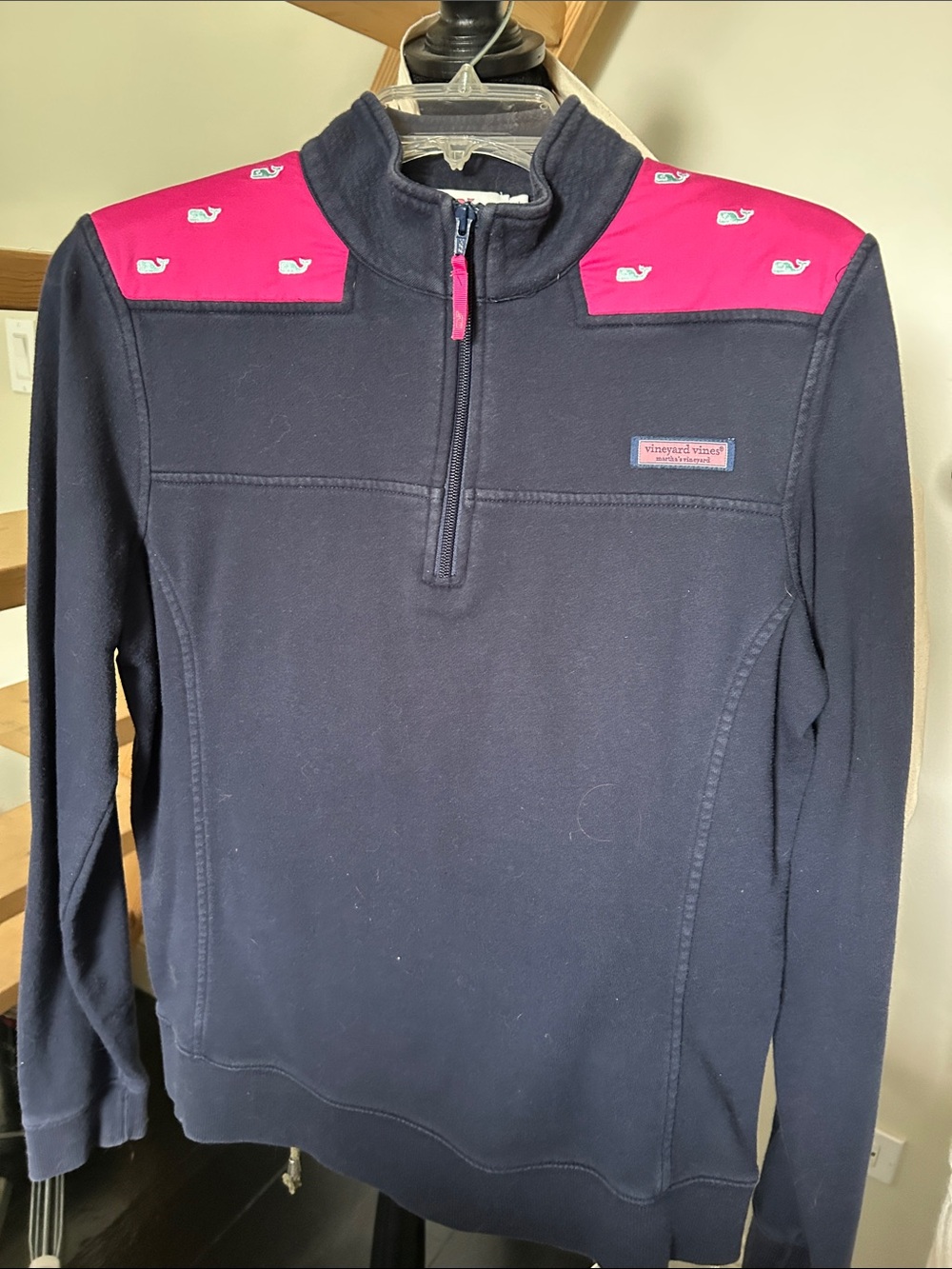Vineyard Vines Navy Quarter-Zip Pullover with Pink Whale Yoke